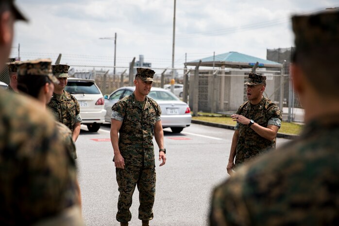 U.S. Marine Corps Col. Joon H. Um, commanding officer of Combat Logistics Regiment 35, 3rd Marine Logistics Group, speaks to senior leaders of 3rd Marine Division before a capabilities showcase tour March 27, 2019 at Camp Kinser, Okinawa, Japan. Senior leaders from 3rd MARDIV came to Camp Kinser to view how CLR-35 supports their Marines on the ground and to learn what logistics capabilities can be utilized by the Marine division. Um is a native of Stamford, Connecticut. (U.S. Marine Corps photo by Cpl. Jamin M. Powell)
