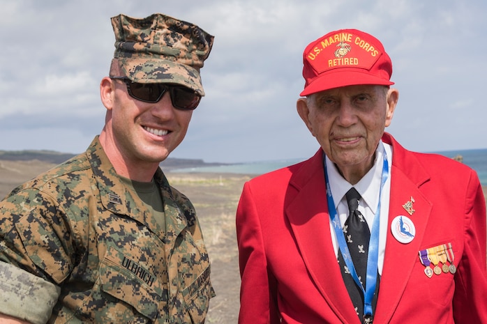 Gilbert Nadeau, a U.S. Navy veteran who served in WWII, speaks to U.S. Marines with Combat Logistics Regiment 3 Support Detachment on Iwo To, Japan March 23, 2019. The 74th Reunion of Honor ceremony remembers veterans who fought for their respective countries on Iwo To’s hallowed ground. Their sacrifice inspired peace, security and stability in the Indo-Pacific region. Nadeau is a native of Escondido, California. (U.S. Marine Corps photo by Lance Cpl. Armando Elizalde)