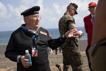 Gilbert Nadeau, a U.S. Navy veteran who served in WWII, speaks to U.S. Marines with Combat Logistics Regiment 3 Support Detachment on Iwo To, Japan March 23, 2019. The 74th Reunion of Honor ceremony remembers veterans who fought for their respective countries on Iwo To’s hallowed ground. Their sacrifice inspired peace, security and stability in the Indo-Pacific region. Nadeau is a native of Escondido, California. (U.S. Marine Corps photo by Lance Cpl. Armando Elizalde)