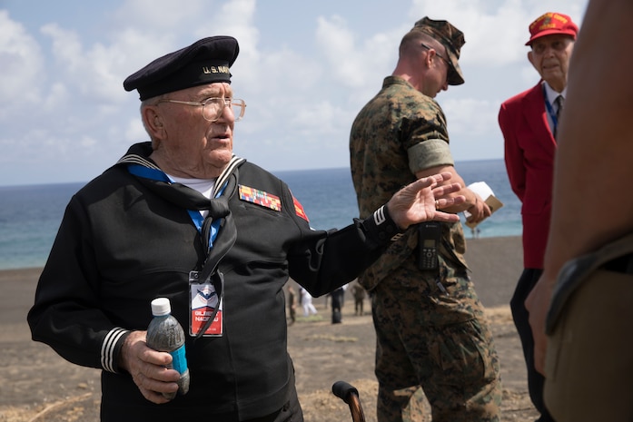 Gilbert Nadeau, a U.S. Navy veteran who served in WWII, speaks to U.S. Marines with Combat Logistics Regiment 3 Support Detachment on Iwo To, Japan March 23, 2019. The 74th Reunion of Honor ceremony remembers veterans who fought for their respective countries on Iwo To’s hallowed ground. Their sacrifice inspired peace, security and stability in the Indo-Pacific region. Nadeau is a native of Escondido, California. (U.S. Marine Corps photo by Lance Cpl. Armando Elizalde)
