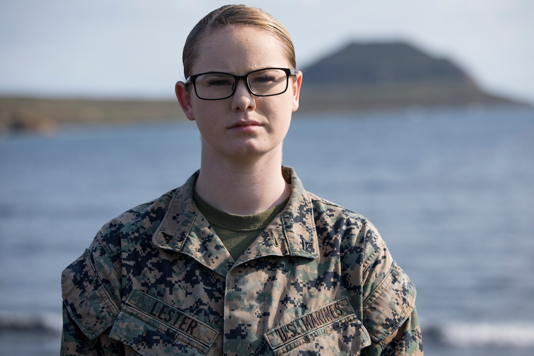 U.S. Marine Corps Lance Cpl. Danikamarie D. Lester, a water support technician with Combat Logistics Regiment 3 Support Detachment, 3rd Marine Logistics Group, poses for a photo on Iwo To, Japan March 22, 2019. The water support technicians made potable water from ocean water to be used in support of the 74th Reunion of Honor on Iwo To. More than 150 Marines and Sailors from III Marine Expeditionary Force and major subordinate commands make up the detachment tasked with all administrative and logistical support. Lester is a native of Deridder, Louisiana. (U.S. Marine Corps photo by Lance Cpl. Armando Elizalde)