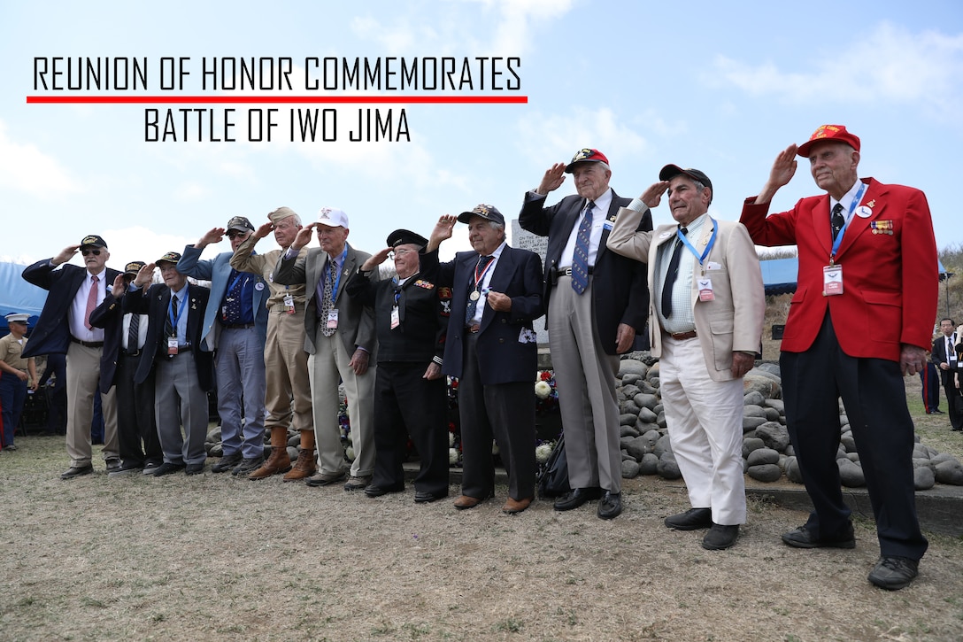U.S. Marine Corps, Army and Navy World War II veterans render honors during the 74th Annual Reunion of Honor ceremony March 23, 2019 at Iwo To, Japan. Dozens of WWII veterans and veterans of the Battle of Iwo Jima took part in the ceremony. The Reunion of Honor ceremony is held annually to commemorate the heroism and sacrifices made by service members during the Battle of Iwo Jima in World War II. (U.S. Marine Corps photo by Sgt. Tiffany Edwards)