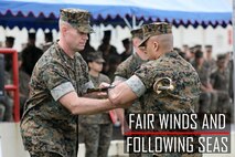 Lt. Col. Matthew Mulvey, left, ceremoniously passes the non-commissioned officer sword to Sgt. Maj. Jose A. Beltran, right, during a relief and appointment ceremony for 3rd Transportation Support Battalion, Combat Logistics Regiment 3, 3rd Marine Logistics Group at Camp Foster, Okinawa, Japan March 15, 2019. Sgt. Maj. Jeffery J. Vandentop ceremoniously transferred accountability and authority of enlisted Marines to Sgt. Maj. Jose A. Beltran during the ceremony. Mulvey, the commanding officer of 3rd TSB, CLR-3, 3rd MLG, is a native of Cherryville, North Carolina. Beltran, the battalion sergeant major for 3rd TSB, is a native of Puerto Rico. (U.S. Marine Corps photo by Lance Cpl. Armando Elizalde)