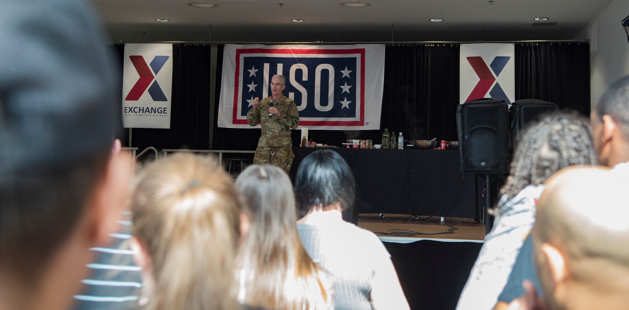 U.S. Air Force Gen. Paul Selva, Joint Chiefs of Staff vice chairman, kicks off the USO Spring Visit by first taking a moment to thank all service members and their families for their service and sacrifice on Ramstein Air Base, Germany, March 30, 2019.