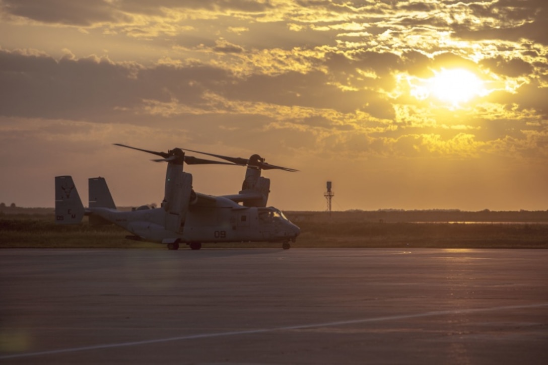 A U.S. Marine Corps MV-22B Osprey taxis at Morón Air Base, Spain, March 29, 2019. The aircraft, from Marine Medium Tiltrotor Squadron 261, will serve as the aviation combat element for Special Purpose Marine Air-Ground Task Force-Crisis Response-Africa 19.2, Marine Forces Europe and Africa, as they prepare to take authority from 19.1 for operations within the area of responsibility.  SPMAGTF-CR-AF is deployed to conduct crisis-response and theater-security operations in Africa and promote regional stability by conducting military-to-military training exercises throughout Europe and Africa.