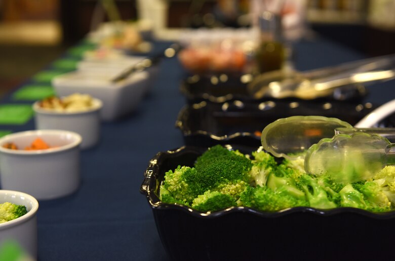 Roasted vegetables are set out as samples for customers to try during a pre-opening for the new ‘Go for Green 2.0’ program at the Knight’s Table dining facility at Royal Air Force, Lakenheath, England, March 22, 2019.  G4G 2.0 is a nutrition initiative that aims to improve the food environment for military personnel to facilitate optimum physical performance, health and readiness. (U.S. Air Force photo by Airman 1st Class Madeline Herzog)