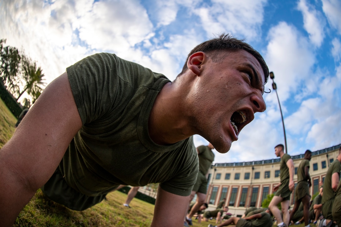 Sgt. Joseph Torres, the noncommissioned officer in charge of quality assurance with Installation Personnel Administration Center, Marine Forces Reserve, holds a low plank at Marine Corps Support Facility New Orleans, March 29, 2019, during a Total Force Fitness event. The MARFORRES Marines conducted various physical activities, such as tug-of-war, buddy carries, high-intensity suicide drills, medicine ball exercises and the dissemble and assembly of a M4 Service Carbine. The event promoted physical fitness, unit cohesion and esprit de corps.