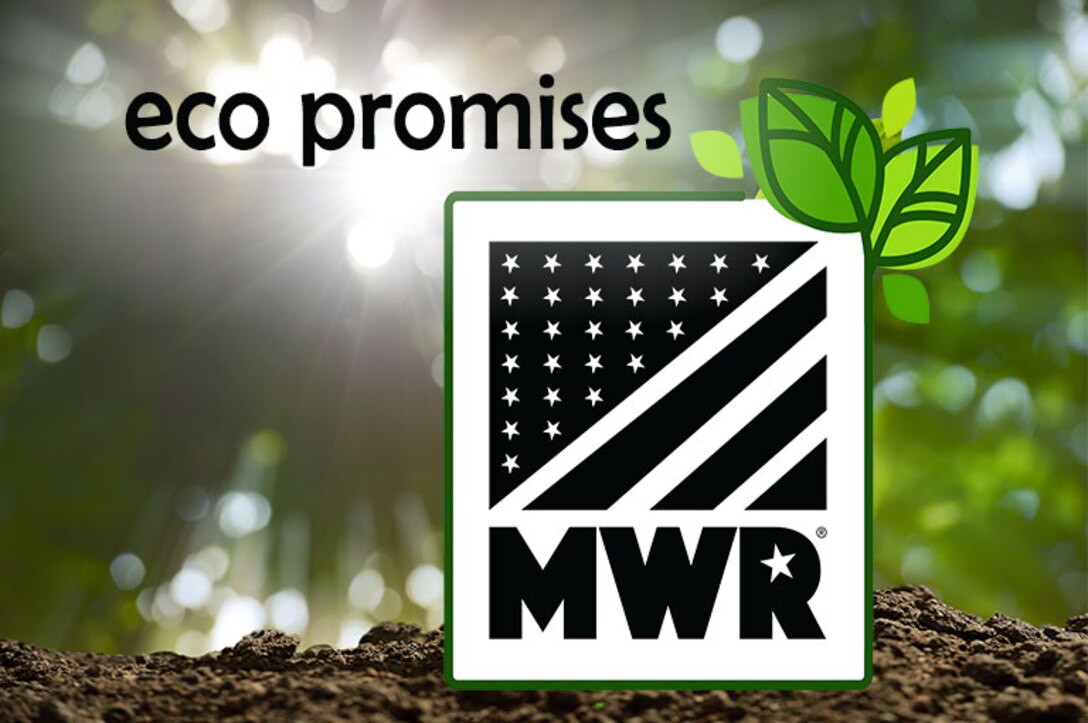 Sunlight coming through greenery with a pile of dirt up close and the MWR logo on top with the words Eco Promises