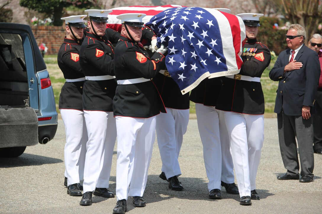 Marines with Marine Barracks Washington D.C., support a full honors funeral for retired Marine Lt. Col. Howard V. Lee, Medal of Honor recipient, at Colonial Grove Memorial Park, Virginia Beach, Virginia, March 30, 2019. Lee received the Medal of Honor for his actions during the Vietnam War in August 1966. While on an operation deep in enemy territory, Lee’s platoon was attacked and surrounded by a large Vietnamese force. Realizing his unit suffered numerous casualties and fully aware the platoon remained under heavy attack, Lee took seven men and proceeded by helicopter to provide reinforcements. After fearlessly moving from position to position and encouraging his men to keep fighting, he was wounded by fragments from an enemy grenade in several areas of his body, including his eye. Despite his wounds, Lee continued optimistically throughout the night to direct a valiant defense, coordinate supporting fires, and apprise higher headquarters of the plight of the platoon. Lee retired at the rank in 1975, after 20 years of service. Lee passed away March 23, 2019; he was 85.