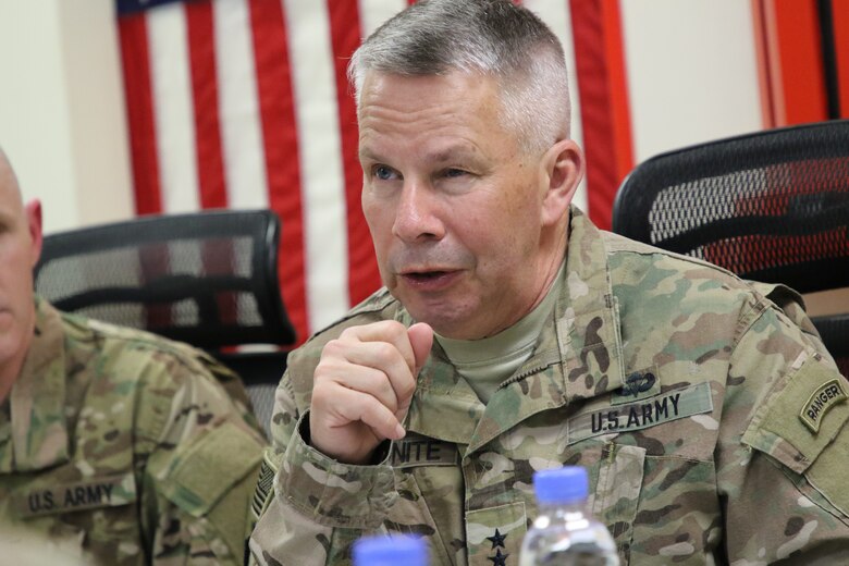 LTG Todd T. Semonite, 54th Chief of Engineers listens to a member from one of the Afghanistan Districts Platform Delivery Projects as he communicates through virtual means.