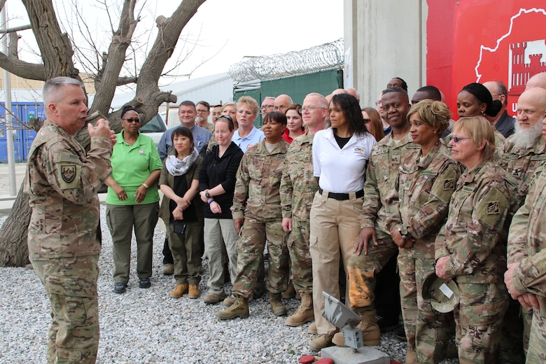 The 54th Chief of Engineers, USACE speaks with all the volunteers, civilian and military who are currently deployed with the Afghanistan District, thanking them for their selfless service and reminding them of the important mission USACE has in Afghanistan in building the infrastructure.