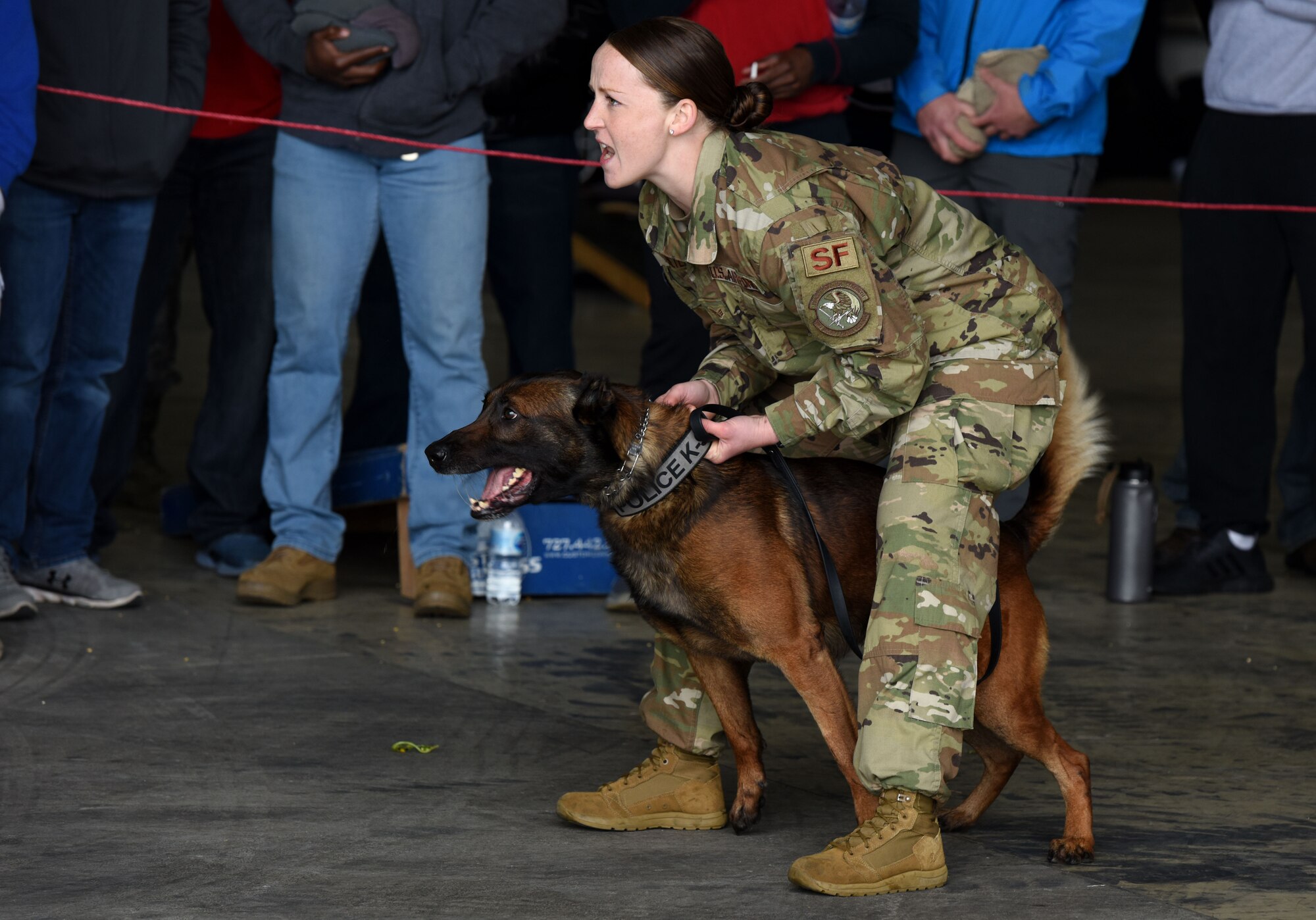 enior Airman Rachel Shetler, 39th Security Forces Squadron military working dog handler, gives verbal commands while restraining her MWD, Buck, during a K-9 demo at Airman Appreciation Day, March 29, 2019, at Incirlik Air Base, Turkey.