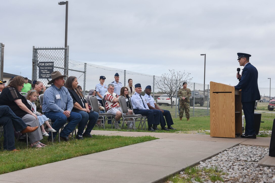 U.S. Air Force Col. Ricky Mills, 17th Training Wing commander, addresses the crowd during the Fritz Military Working Dog Kennel unveiling on Goodfellow Air Force Base, Texas, March 29, 2019. Friends and family of the late Sgt. Gerald Fritz were invited to the unveiling of the kennel as well as other Vietnam Veterans. (U.S. Air Force photo by Airman 1st Class Zachary Chapman/Released)