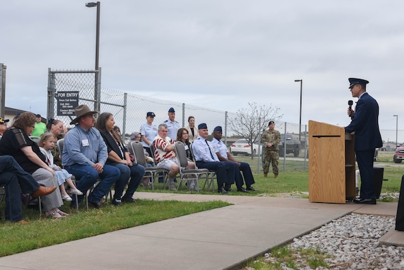 U.S. Air Force Col. Ricky Mills, 17th Training Wing commander, addresses the crowd during the Fritz Military Working Dog Kennel unveiling on Goodfellow Air Force Base, Texas, March 29, 2019. Friends and family of the late Sgt. Gerald Fritz were invited to the unveiling of the kennel as well as other Vietnam Veterans. (U.S. Air Force photo by Airman 1st Class Zachary Chapman/Released)