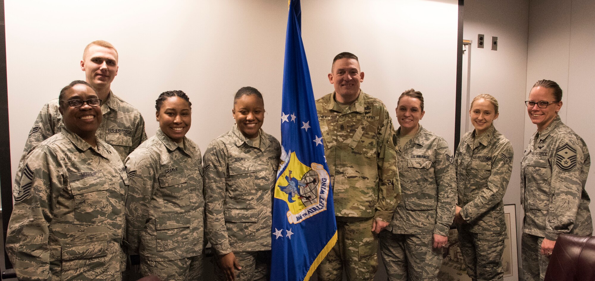 Command Sergeant Major Christopher Kepner, Senior Enlisted Advisor to the Chief, National Guard Bureau, meets with Airmen of the 166th Airlift Wing, March 1, 2019, at the New Castle Air National Guard Base, Del. During his visit, Kepner toured the base, its facilities and connected with Airmen. (U.S. Air National Guard Photo by Mr. Mitch Topal)