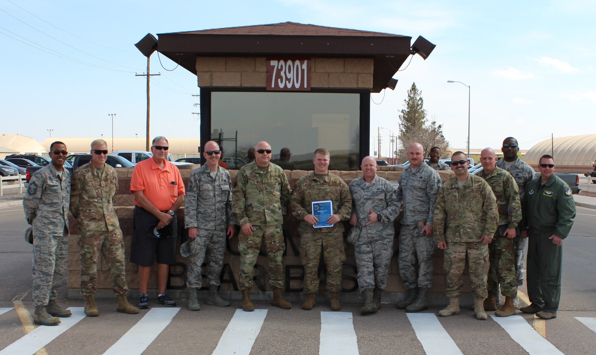 Staff Sgt. Brian Lee, 635th Materiel Maintenance Support Squadron noncommissioned officer in charge of service support, poses with Holloman’s Chiefs Group after being named the March Chief’s Choice Award recipient, March 27, 2019, on Holloman Air Force Base, N.M. Holloman’s Chiefs Group has a monthly recognition program titled Chief’s Choice Award. Every month a chief has the honor of choosing a deserving Airman for an outstanding act or for continuous outstanding performance. (Courtesy photo)