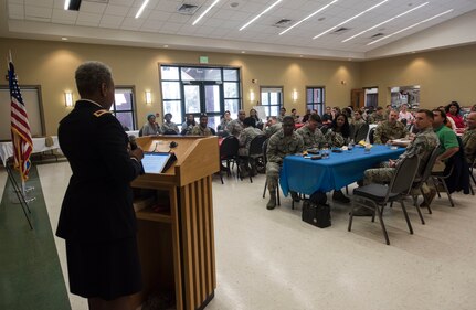 Col. Mary L. Martin, Defense Equal Opportunity Management Institute commandant, delivers a motivational speech to a Team Charleston crowd March 18, 2019, at Joint Base Charleston, S.C.