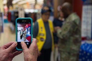 U.S. Army Sgt. Maj. Derrick Durham, U.S. Army Reserves Directorate, U.S. Army Center for Initial Military Training senior enlisted advisor, pins a Vietnam Veteran Lapel Pin on a U.S. Air Force Vietnam Veteran at Joint Base Langley-Eustis, Virginia, March 29, 2019.