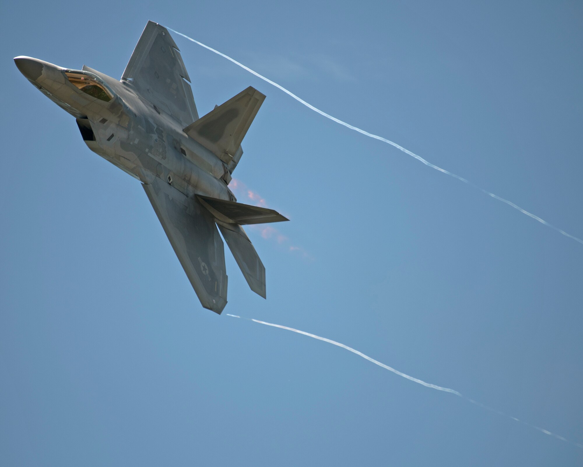 An F-22 Raptor performs during the “Thunder over the Bay” Air Show, Travis Air Force Base, California, March 31, 2019. In addition to the F-22 Raptor, the two-day event featured performances by the U.S. Air Force Thunderbirds aerial demonstration team, U.S. Army Golden Knights parachute team, flyovers, and static displays. The event honored hometown heroes like police officers, firefighters, nurses, teachers and ordinary citizens whose selfless work made their communities safer and enhanced the quality of life. (U.S. Air Force photo by Louis Briscese)