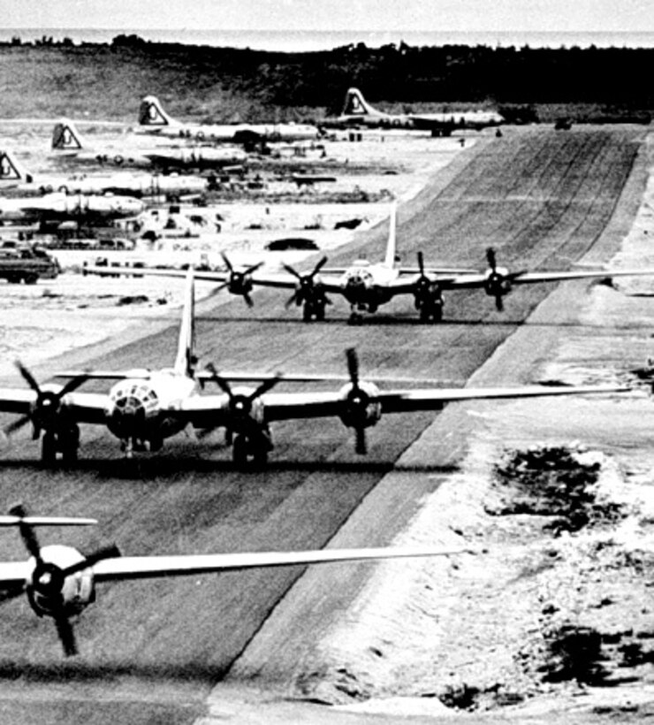 B-29s assigned to the Twentieth Air Force lined up on a Tinian runway. (Courtesy photo)