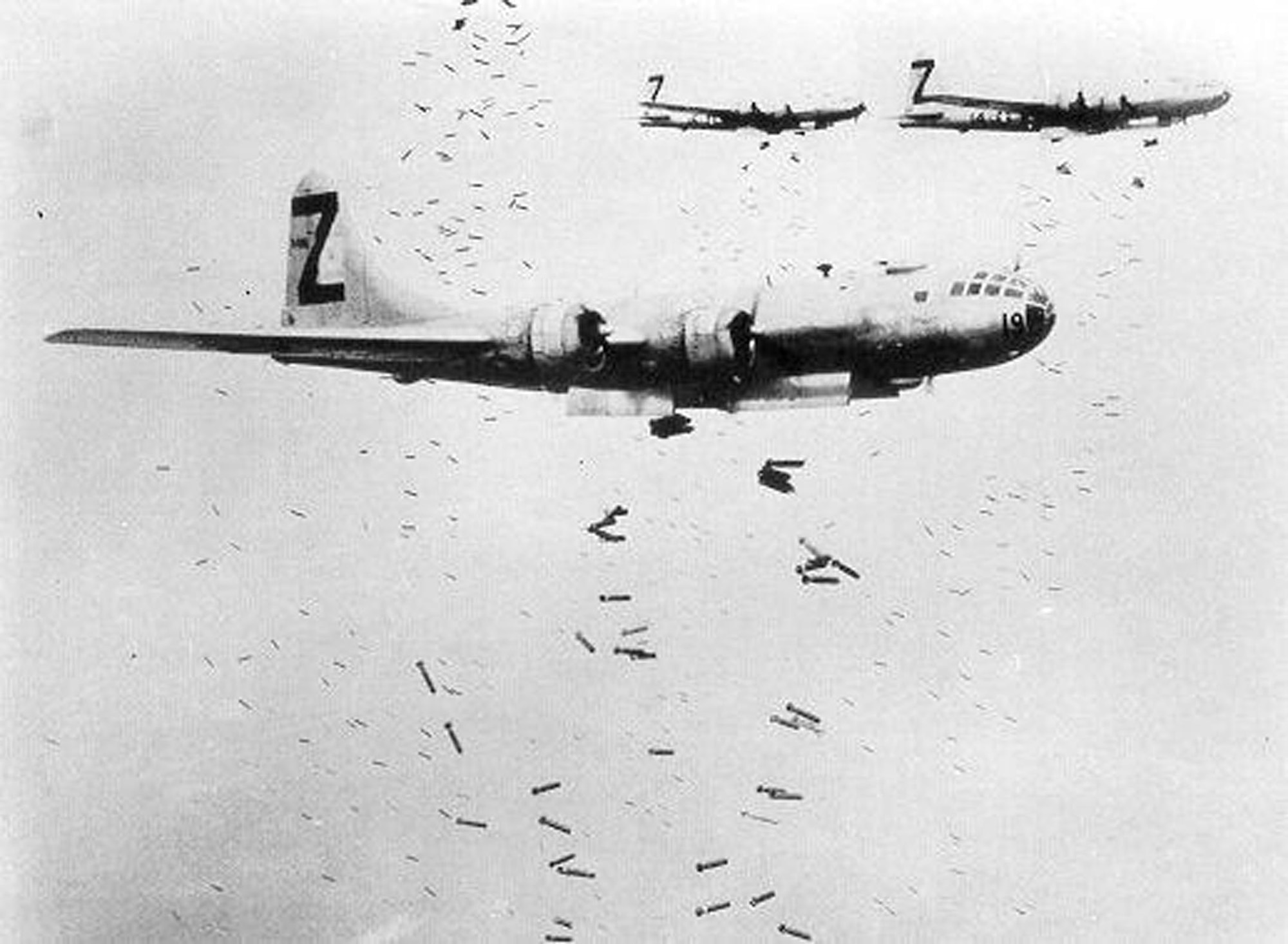 B-29s assigned to the Twentieth Air Force’s 73d Wing release their payload over enemy targets. (Courtesy photo)