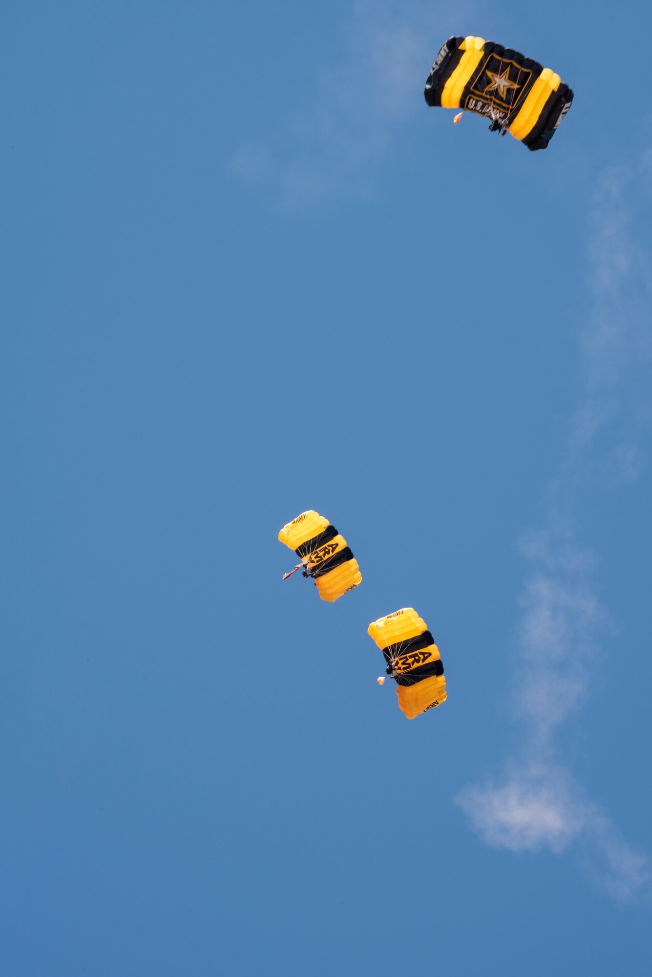 The U.S. Army Golden Knights parachute team perform during the “Thunder Over the Bay” Air Show at Travis Air Force Base, California, March 30, 2019. In addition to the U.S. Army Golden Knights parachute team, the two-day event featured performances by the U.S. Air Force Thunderbirds aerial demonstration team, flyovers, and static displays. The event honored hometown heroes like police officers, firefighters, nurses, teachers and ordinary citizens whose selfless work made their communities safer and enhanced the quality of life. (U.S. Air Force photo by Heide Couch)