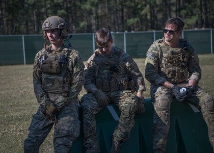 Three 628th Civil Engineer Squadron, Explosive Ordnance Disposal flight, Airmen listen to a pre-training safety brief March 22, 2019, at a training compound on the Joint Base Charleston, S.C. - Naval Weapons Station.