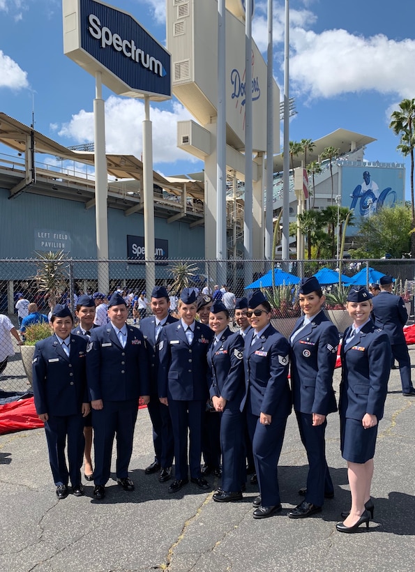 LOS ANGELES, Calif. - - Members of March Air Reserve Base, along with members of other service branches, participated in the opening day ceremony for the Los Angeles Dodgers Major League Baseball team on March 28.