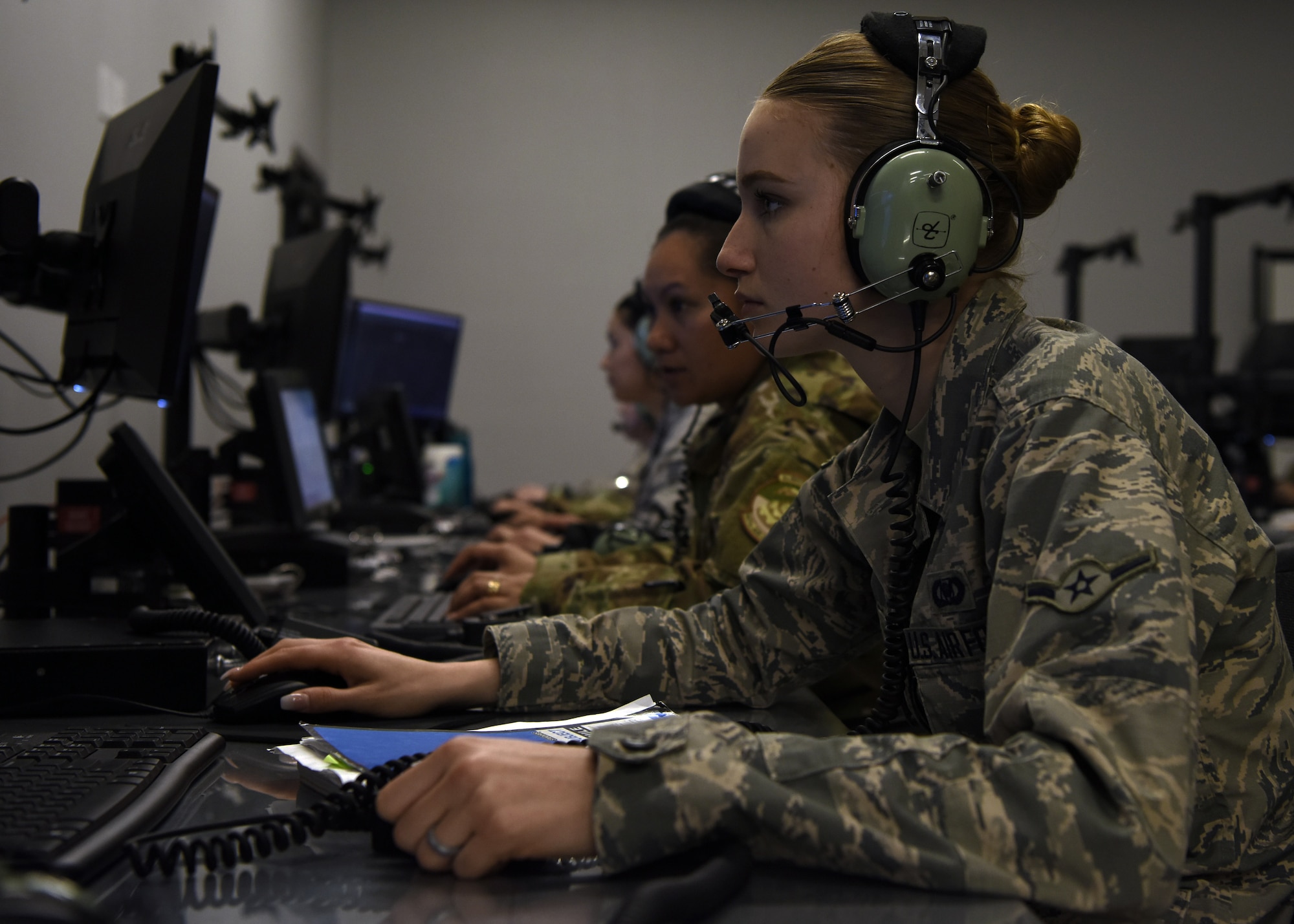 Amn Eden Martin, 607th Air Control Squadron weapons simulation technician, watches a monitor during the first all-female Command and Control Battle Management Operations team mission March 22, 2019, at Luke Air Force Base, Ariz. The team uses intelligence such as friendly and enemy aircraft anticipated, how many air bases are in the area, political borders and what they can expect from each crew member to plan a war-time battle management scenario from beginning to end. (U.S. Air Force photo by Airman 1st Class Zoie Cox)
