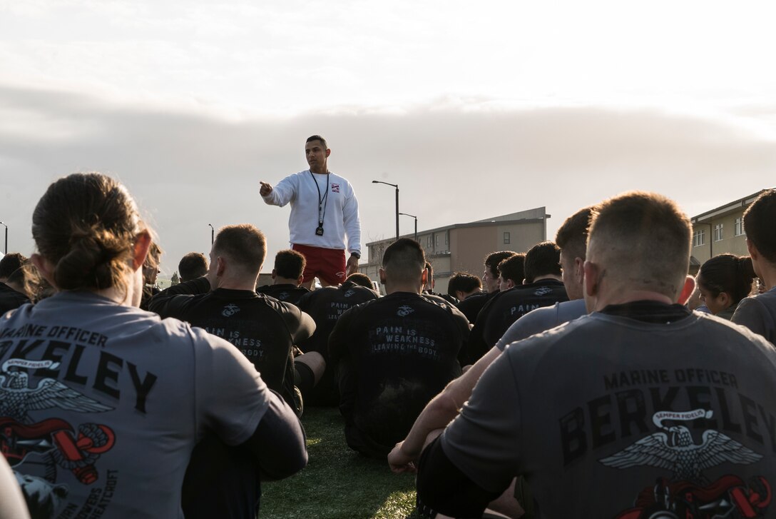 U.S. Marine Corps Gunnery Sgt. Juan Aguilera, a Physical Training Instructor with U.S. Marine Corps Officer Candidate School, answers questions during a Mini OCS at U.S. Army Reserve Camp Parks in Dublin, Calif., March 23, 2019. Mini OCS is designed to give candidates and applicants an idea of what to expect at Marine Corps Officer Candidate School. (U.S. Marine Corps photo by Sgt. Christian Cachola)