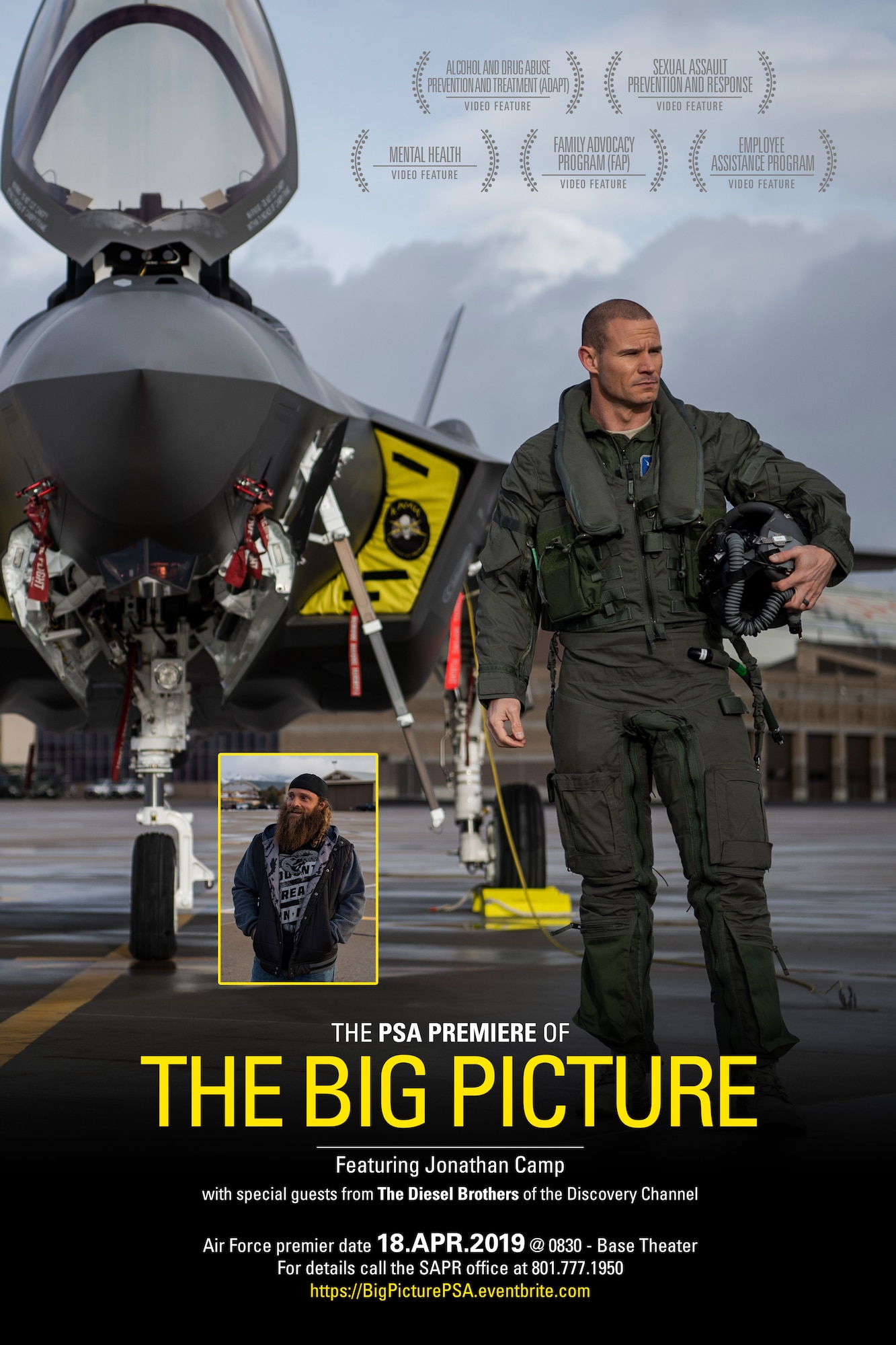 A free premiere of a resiliency-themed public service announcement called The Big Picture will be held in the base theater from 8:30-9:30 a.m. April 18 at Hill Air Force Base, Utah. The ad illustrates how Airmen play a critical role defending the nation, but that the Air Force also recognizes no one can perform at maximum capacity at all times. (U.S. Air Force illustration by David Perry)
