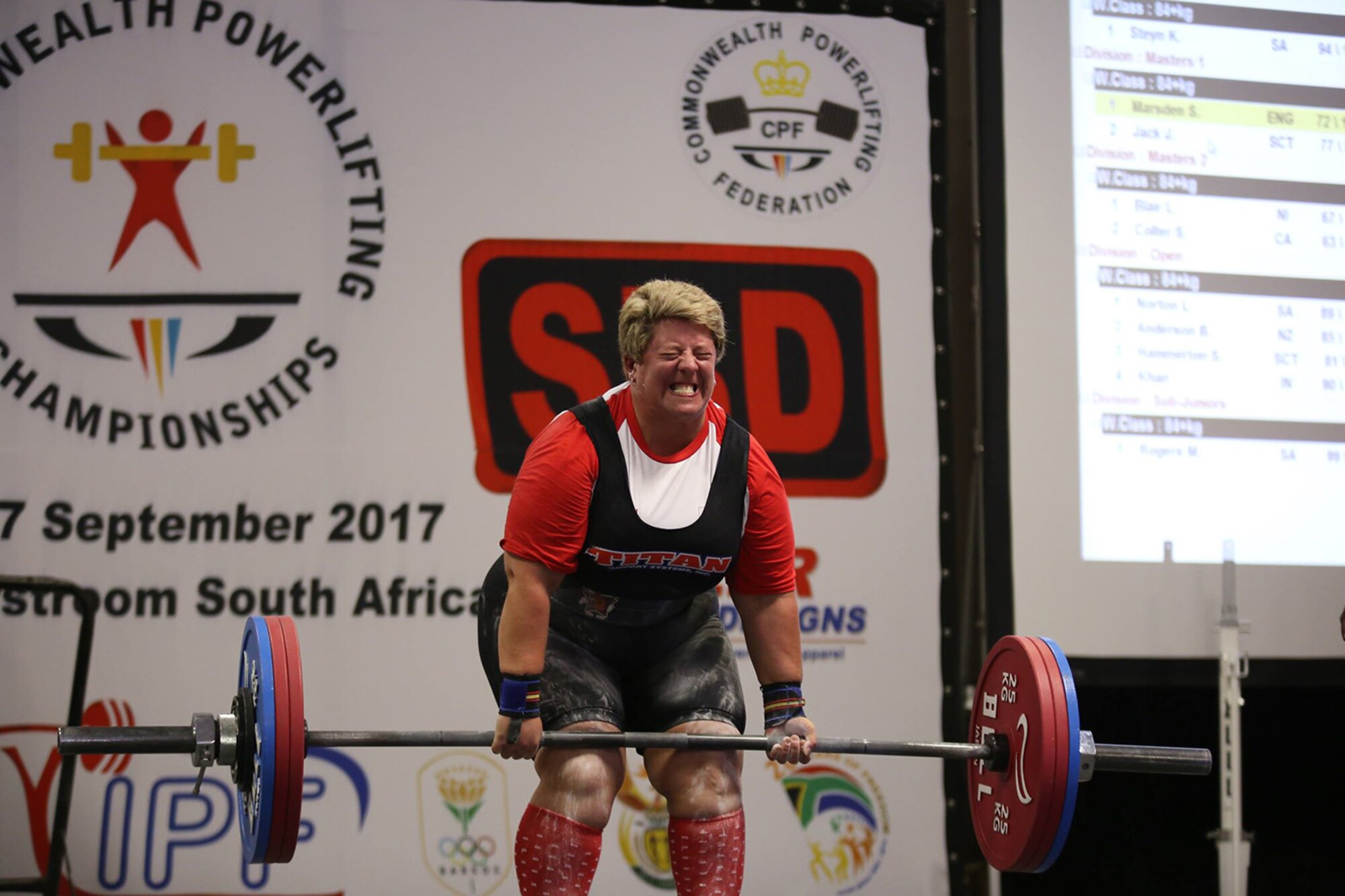 Sarah Marsden, 100th Civil Engineer Squadron environmental engineer, performs a deadlift of 167 kilograms (370 pounds) at the Commonwealth Powerlifting Championships in Potchefstroom, South Africa, in September 2017. The squat was a British record and earned Marsden a gold medal, in addition to the two gold medals she earned for the bench and deadlift categories. (Courtesy photo by Grant Hendry-Horne)