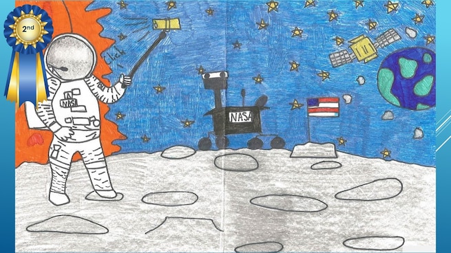 The National Museum of the U.S. Air Force’s 36th Annual Student Aviation Art Competition 2nd place winner in the 4th-6th grades category is A. Castillo. Student artists from around the country were asked to consider the 50th anniversary of the moon landing and what it would look like if mankind returned to the moon today.