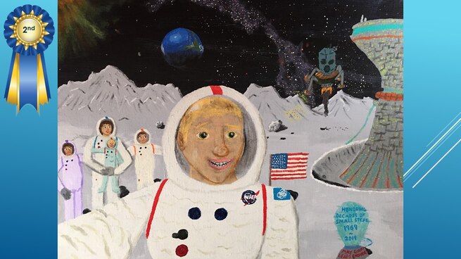 The National Museum of the U.S. Air Force’s 36th Annual Student Aviation Art Competition 2nd place winner in the 7th-9th grades category is J. Cahoon. Student artists from around the country were asked to consider the 50th anniversary of the moon landing and what it would look like if mankind returned to the moon today.