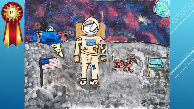 The National Museum of the U.S. Air Force’s 36th Annual Student Aviation Art Competition 1st place winner in the K-1st grades category is N. Back. Student artists from around the country were asked to consider the 50th anniversary of the moon landing and what it would look like if mankind returned to the moon today.