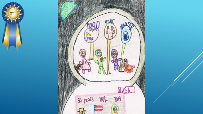 The National Museum of the U.S. Air Force’s 36th Annual Student Aviation Art Competition 2nd place winner in the K-1st grades category is E. Monaghan. Student artists from around the country were asked to consider the 50th anniversary of the moon landing and what it would look like if mankind returned to the moon today.