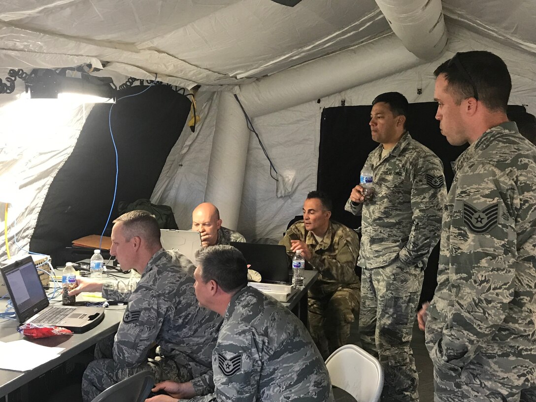 Members of the 263rd Combat Communications Squadron participate in the Combat Communications (CBC) Rodeo while at Robins Air Force Base, Georgia, Mar. 13, 2019. The CBC Rodeo is a Nationwide training exercise that brings together Combat Communications Squadrons from across the country to train in techniques and skills while networking to increase the potential success of future deployments.
