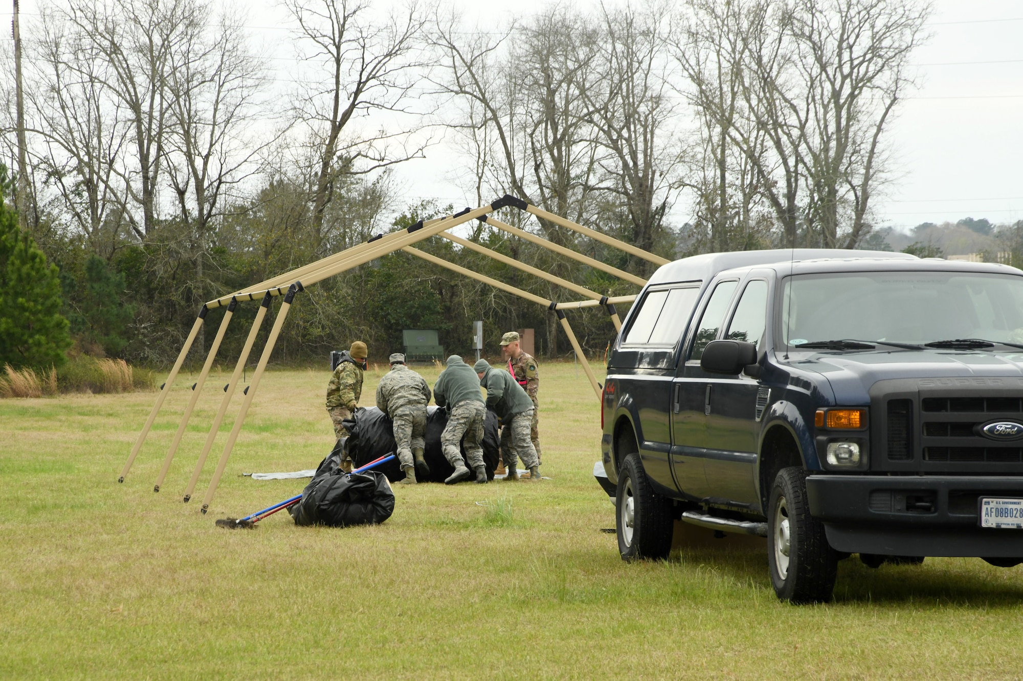 A mobile deployment tent erected is erected by members of the 263rd Combat Communications Squadron for their participation in the Combat Communications (CBC) Rodeo while at Robins Air Force Base, Georgia, Mar. 4, 2019. The CBC Rodeo is a Nationwide training exercise that brings together Combat Communications Squadrons from across the country to train in techniques and skills while networking to increase the potential success of future deployments.