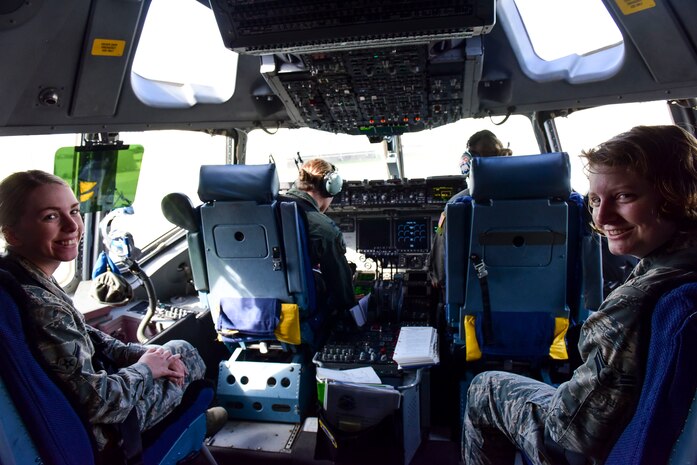 An all-female air crews take a moment for a photo before takeoff March 31, 2019, at Joint Base Charleston, S.C.