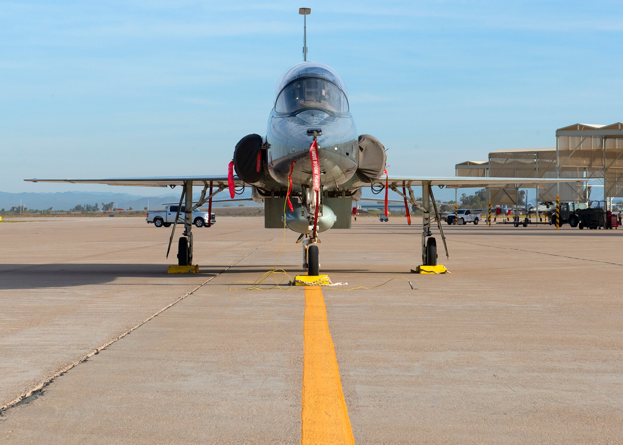 A T-38C Talon, assigned to Vance Air Force Base, Okla., sits on the flightline, March 26, 2019, at Luke Air Force Base, Ariz.