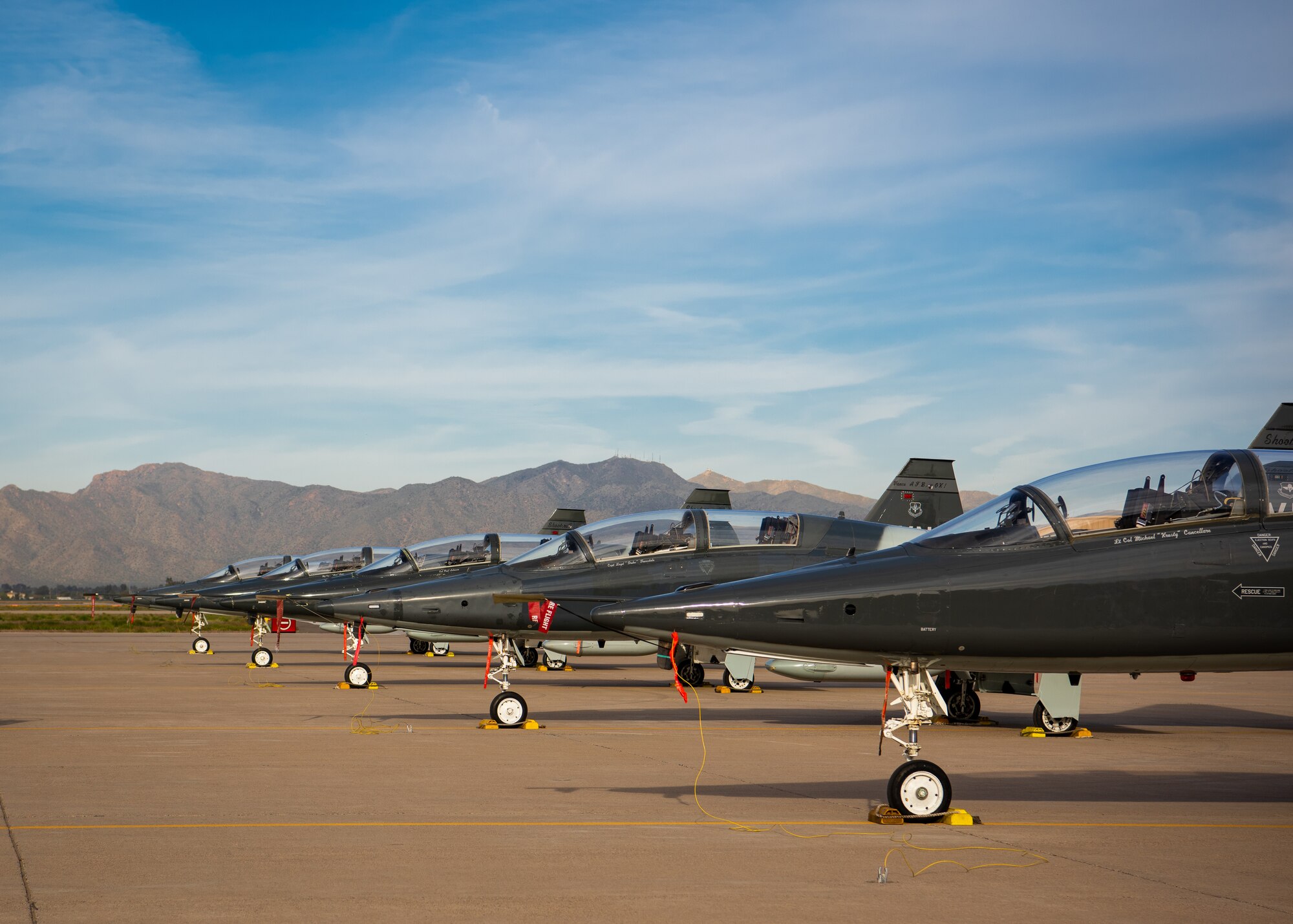 T-38C Talons, assigned to Vance Air Force Base, Okla., and Columbus Air Force Base, Miss., sit on the flightline March 26, 2019, at Luke Air Force Base, Ariz.