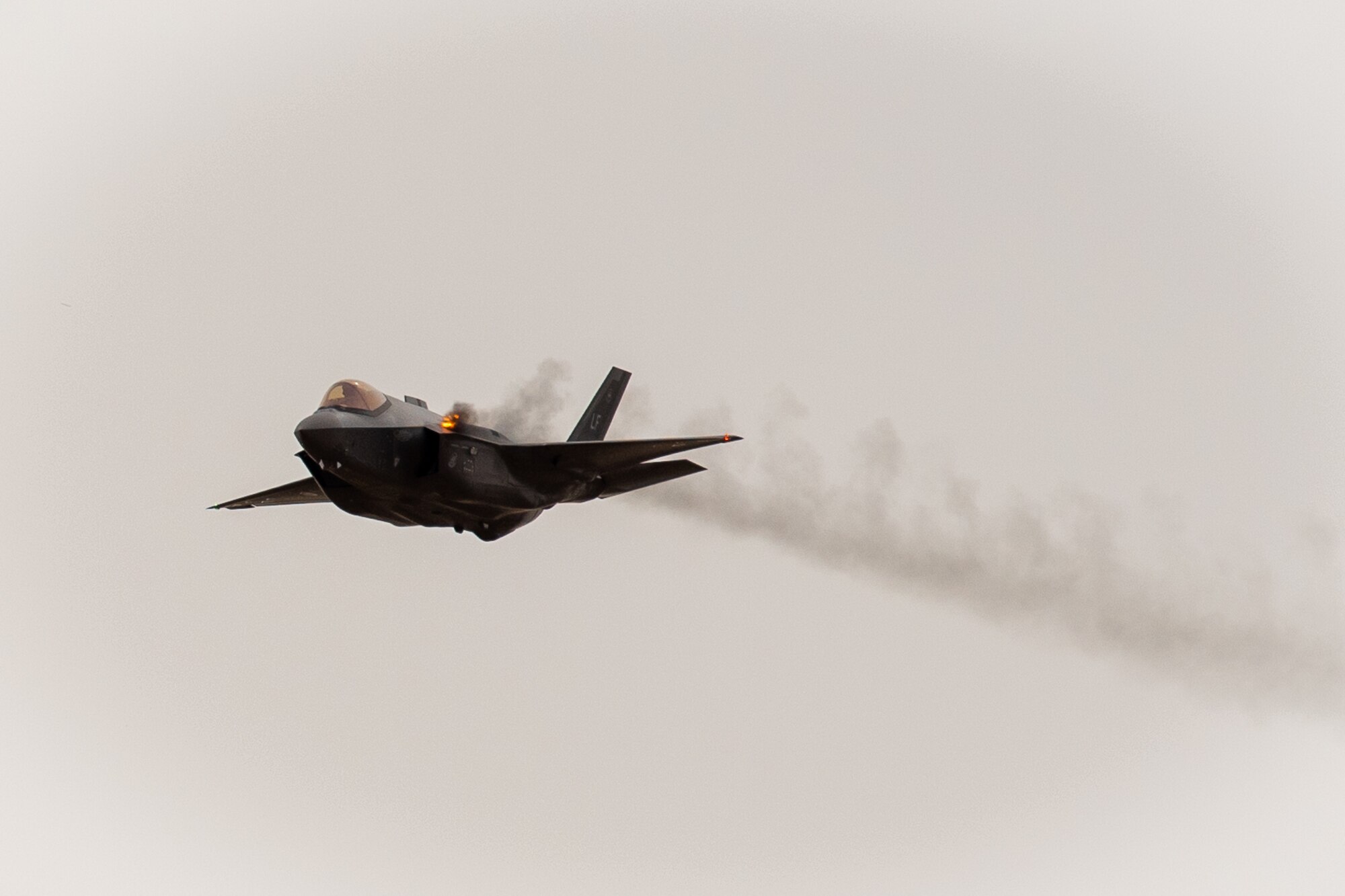 An F-35A Lighting II, assigned to the 62d Fighter Squadron, strafes for the first time during the annual Haboob Havoc competition, March 27, 2019, at the Barry M. Goldwater Range near Gila Bend, Ariz.