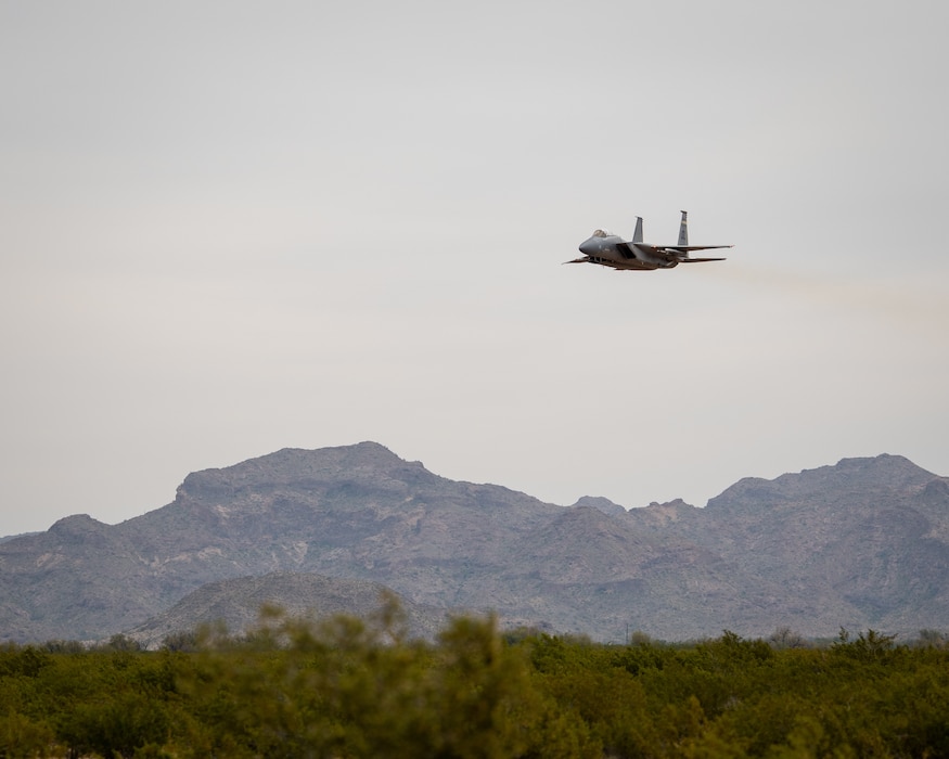 An F-15C Eagle, assigned to the 159th Fighter Wing, stationed at the Naval Air Station Joint Reserve Base New Orleans, La., conducts a low pass during Haboob Havoc, March 27, 2019 at the Barry M. Goldwater Range near Gila Bend, Ariz.