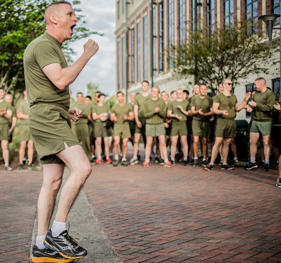 Sgt. Maj. Michael A. Miller, 4th Marine Division sergeant major, Marine Forces Reserve, motivates Marines and gives closing remarks, concluding a Total Force Fitness event at Marine Corps Support Facility New Orleans, March 29, 2019. The purpose of the event was to boost unit cohesion, morale and maintain high physical fitness standards. (U.S. Marine Corps photo by Sgt. Dante J. Fries)