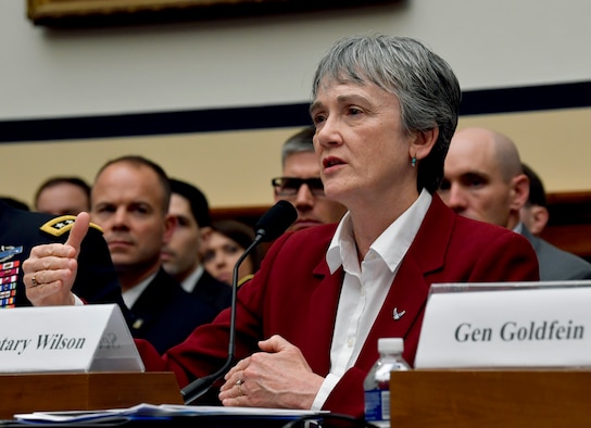 Secretary of the Air Force Heather Wilson testifies during a House Armed Services Committee hearing in Washington D.C., April 2, 2019. The committee convened to discuss fiscal year 2020 budget requests with the Air Force and Army senior leaders. (U.S. Air Force Photo by Wayne Clark)