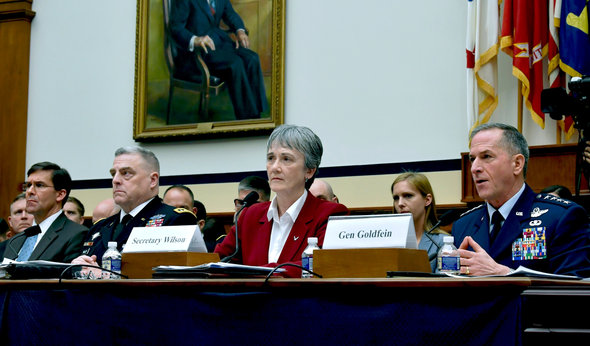 Secretary of the Air Force Heather Wilson and Air Force Chief of Staff Gen. David L. Goldfein testifies during a House Armed Services Committee hearing in Washington D.C., April 2, 2019. The committee convened to discuss fiscal year 2020 budget requests with the Air Force and Army senior leaders. (U.S. Air Force Photo by Wayne Clark)