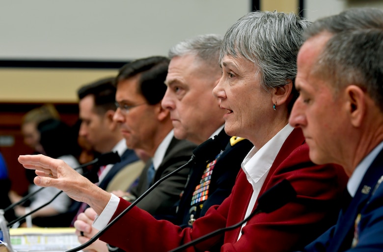 Secretary of the Air Force Heather Wilson testifies during a House Armed Services Committee hearing in Washington D.C., April 2, 2019. The committee convened to discuss fiscal year 2020 budget requests with the Air Force and Army senior leaders. (U.S. Air Force Photo by Wayne Clark)