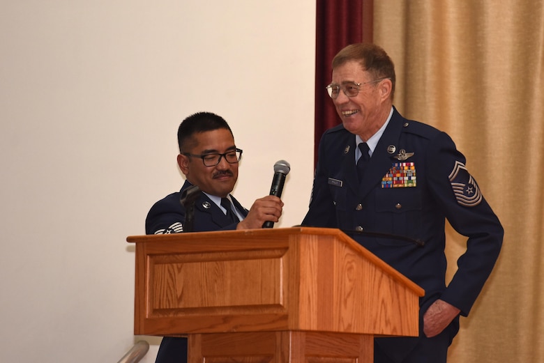 Retired U.S. Chief Master Sgt. Larry Mills, former cryptologic linguist shares a little about his experieces during the Vietnam War during a special ceremony at the Base Theater on Goodfellow Air Force Base, Texas, March 29, 2019. During his time in the service, Mills flew hundreds of combat missions over Vietnam and Laos and amassed a total of 6,813 combat hours. (U.S. Air Force photo by Senior Airman Seraiah Hines/Released)