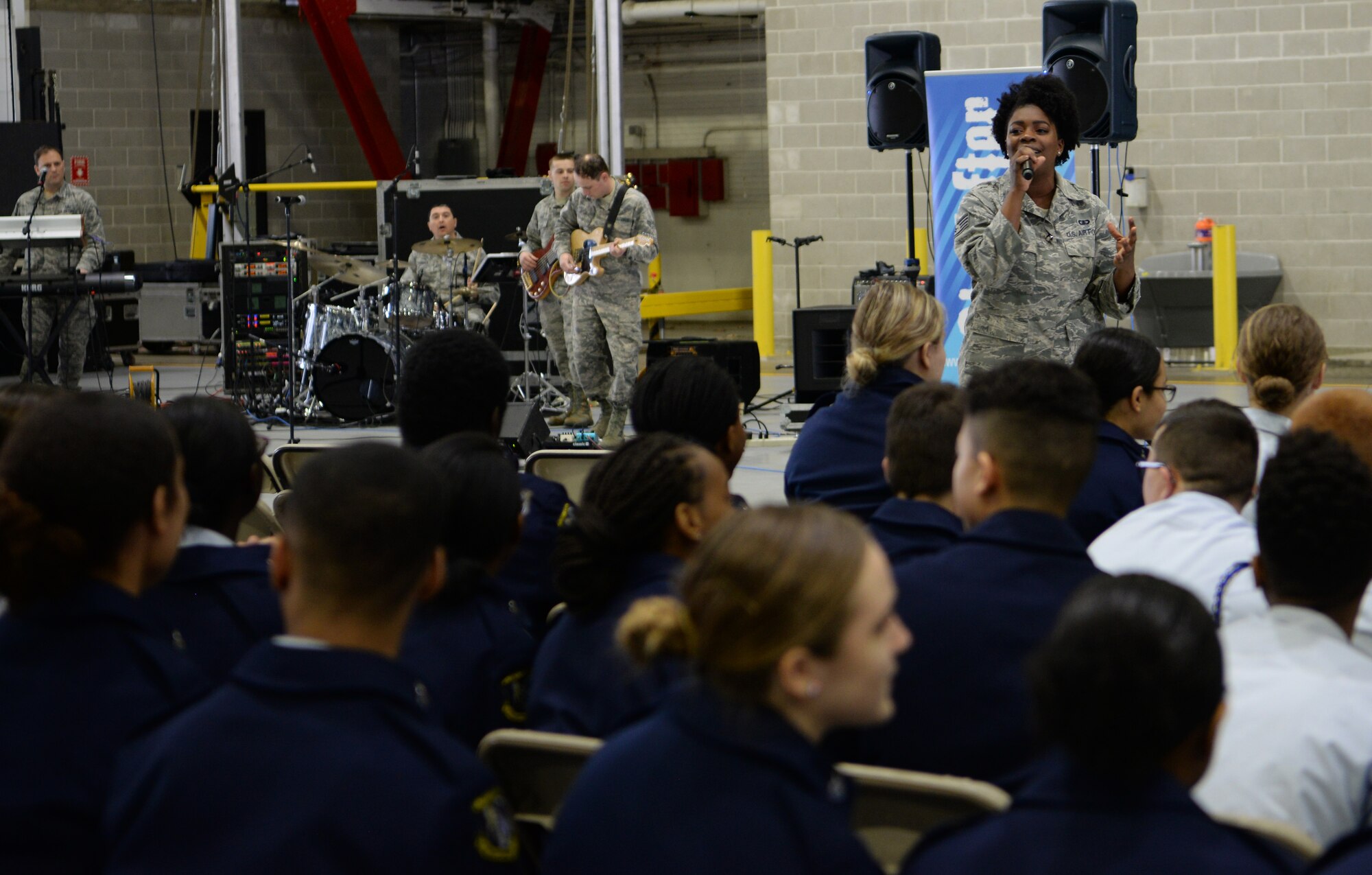 The United States Air Force Band of Mid-America’s group, Starlifter, performed the song “Scars To Your Beautiful” by Alessia Cara for a hangar full of students during a STEAM Day event at Scott Air Force Base, Ill., March 28, 2019. In between songs the band shared information about Air Force careers to help get the students interested in the Air Force and some of its many missions. (U.S. Air Force photo by Airman 1st Class Miranda Simpson)