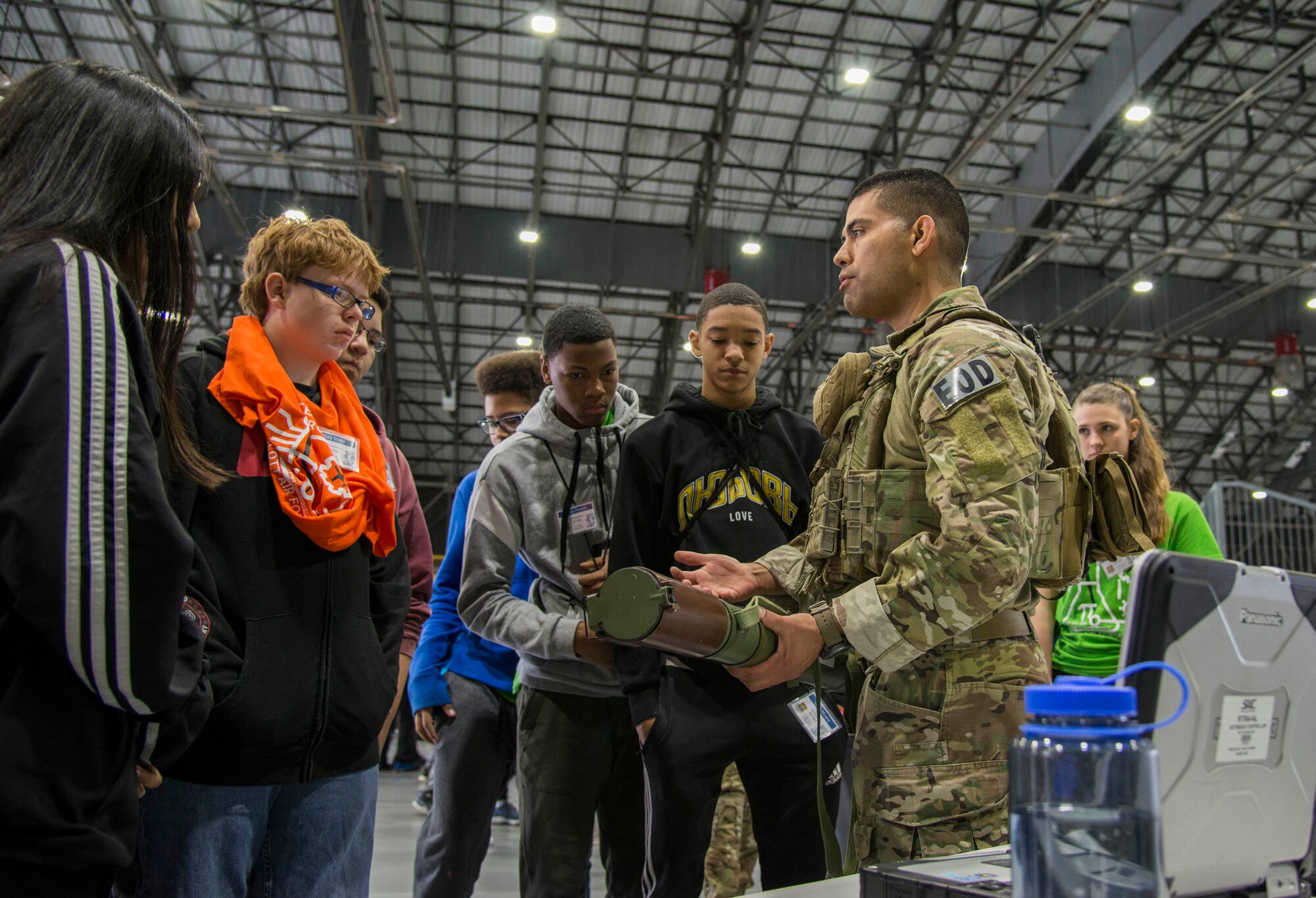 Staff Sgt. Brandon Thomas, 375th Civil Engineer Squadron explosive ordinance disposal technician, shows students from High Mount School in Swansea, ill. the different type of explosive ordinance encountered by EOD and the technology used to disarm them during the 2019 science, technology, engineering, arts, and math day at Scott Air force Base, Ill., March 28, 2019. EOD Airmen rely on technology like metal detectors and bomb diffusing robots to disable ordinance that is a potential hazard for other military members and civilians. (U.S. Photo by Airman 1st Class Nathaniel Hudson)